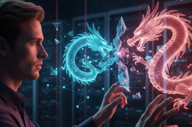 Иллюстрация к статье «Битва нейросетей будущего: Kimi AI из Поднебесной vs GPT 5.2 и Gemini 3.0» — A focused male data scientist with Slavic features (fair s…