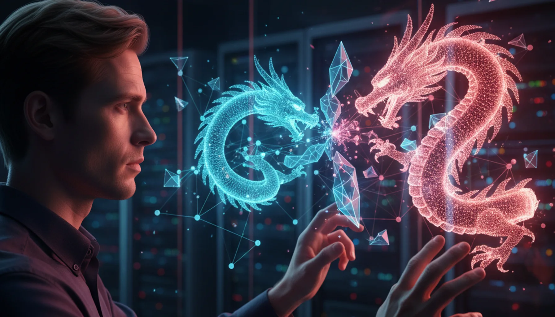 Иллюстрация к статье «Битва нейросетей будущего: Kimi AI из Поднебесной vs GPT 5.2 и Gemini 3.0» — A focused male data scientist with Slavic features (fair s…