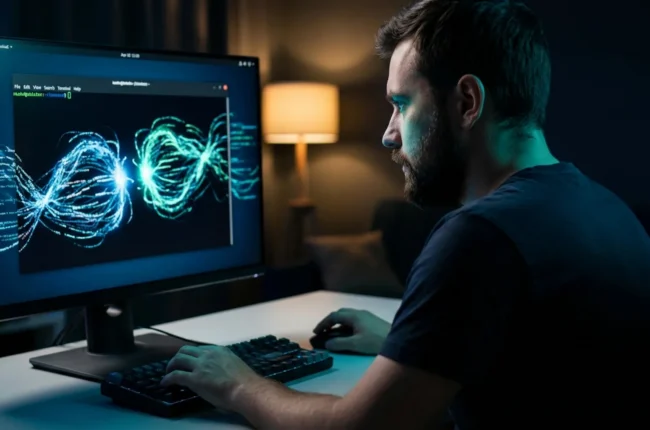 Иллюстрация к статье «Битва титанов в терминале: Сравнительный рейтинг CLI LLM для разработчиков на Linux» — Разработчик-мужчина славянской внешности, сосред…