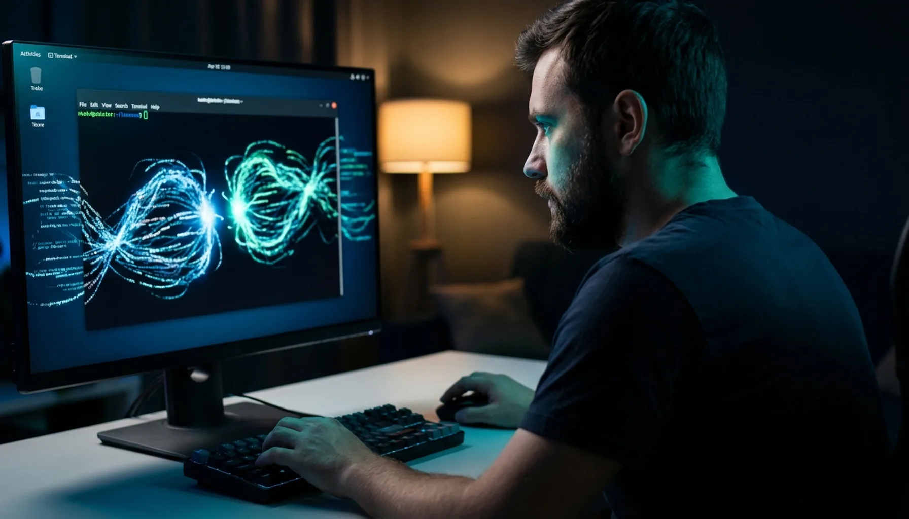 Иллюстрация к статье «Битва титанов в терминале: Сравнительный рейтинг CLI LLM для разработчиков на Linux» — Разработчик-мужчина славянской внешности, сосред…