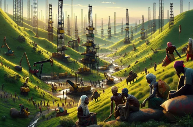 Иллюстрация к статье «Богатые ресурсы, бедные люди: Анализ ситуации в Нигерии» — Славянские люди, работающие на богатых природных ресурсах Нигерии, таких как…