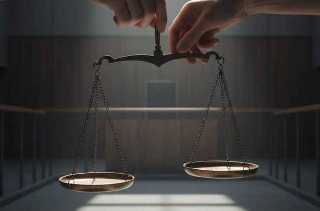 Иллюстрация к статье «Борьба за равенство в зале суда: проблемы и прогресс в России, США и Европе» — Весы правосудия, которые держат две руки — мужская и жен…