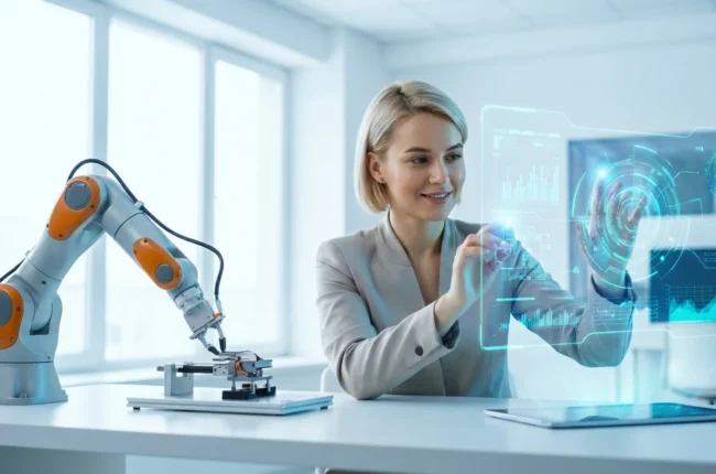 Иллюстрация к статье «Будущее профессий: заменит ли искусственный интеллект человека или создаст новые рабочие места?» — Молодой специалист (мужчина или женщ…