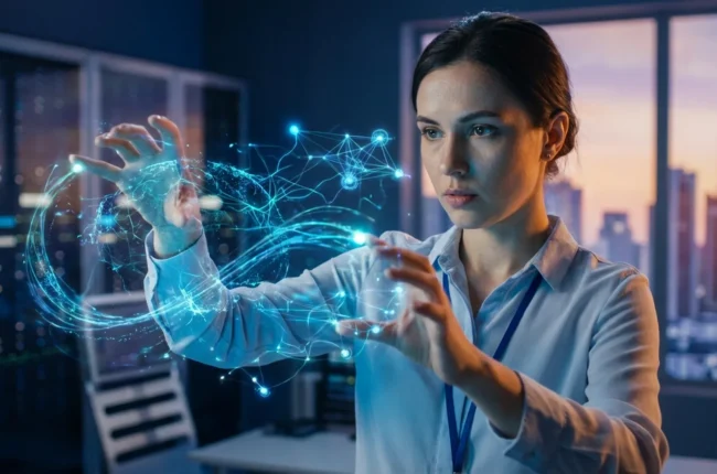 Иллюстрация к статье «Будущее уже здесь: 10 революционных тенденций развития ИИ к 2030 году» — Молодая женщина-ученый или инженер со славянской внешностью, с…