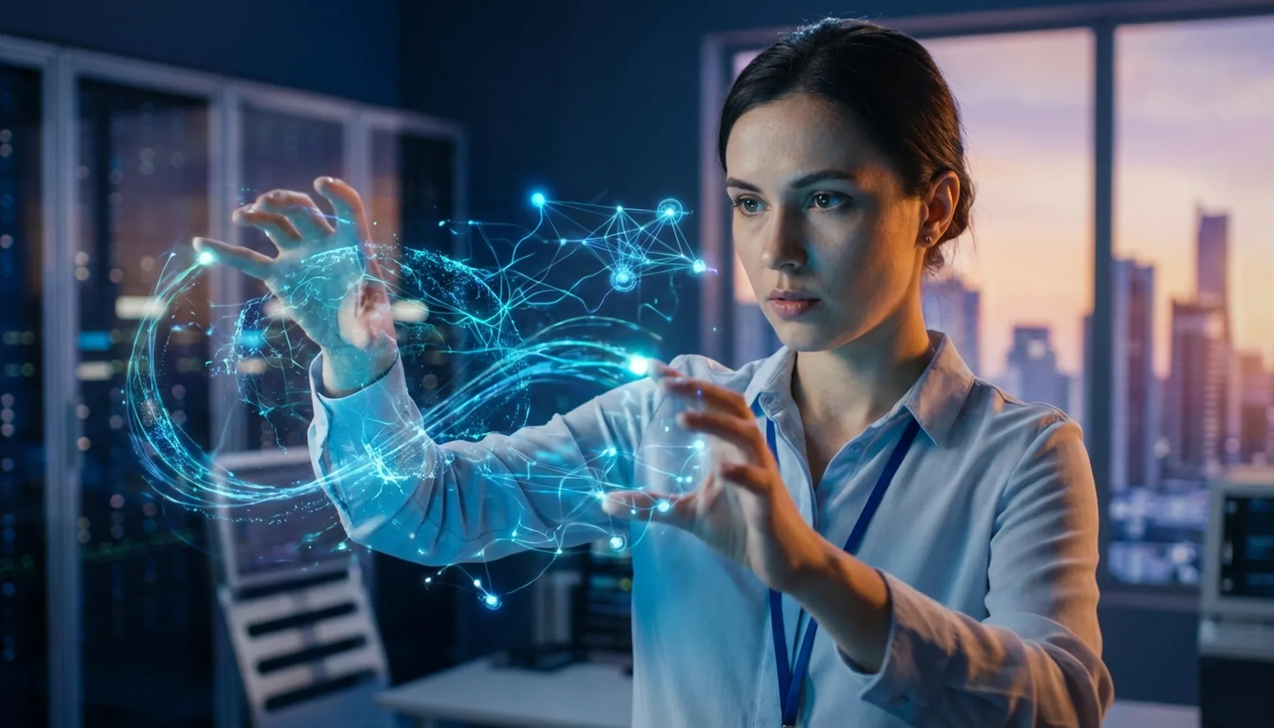 Иллюстрация к статье «Будущее уже здесь: 10 революционных тенденций развития ИИ к 2030 году» — Молодая женщина-ученый или инженер со славянской внешностью, с…