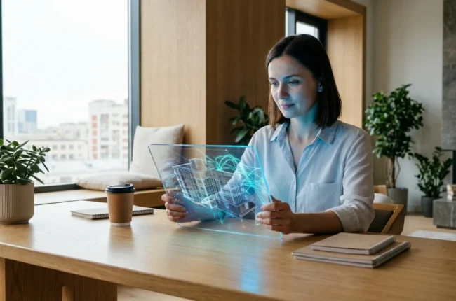 Иллюстрация к статье «Будущее уже здесь: реальные примеры использования AI в вашей профессии и быту» — Женщина славянской внешности, 30-35 лет, архитектор ил…