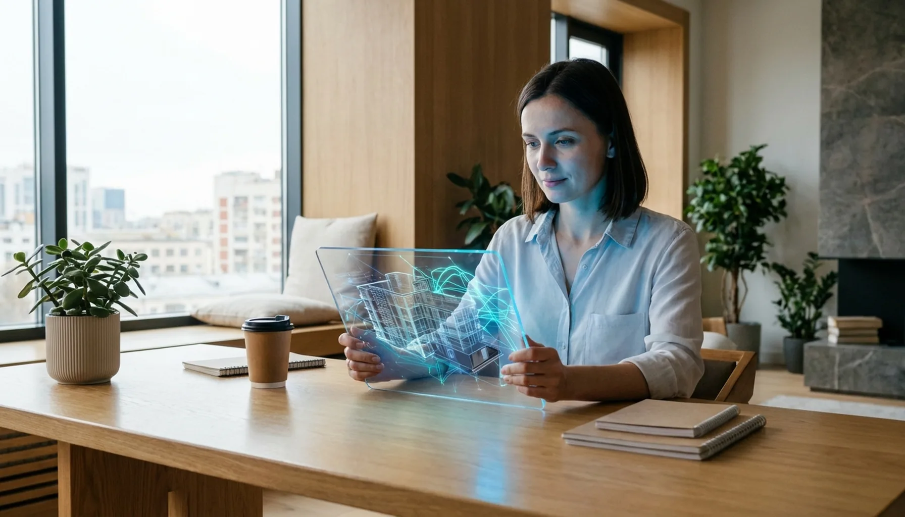 Иллюстрация к статье «Будущее уже здесь: реальные примеры использования AI в вашей профессии и быту» — Женщина славянской внешности, 30-35 лет, архитектор ил…