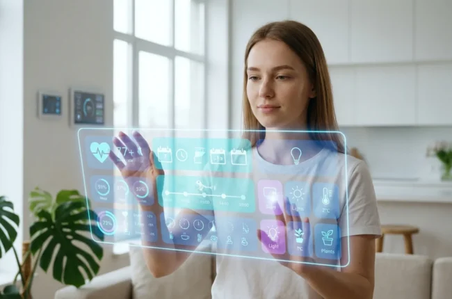 Иллюстрация к статье «Будущее уже здесь: реальные примеры использования AI в повседневной жизни» — Молодая женщина со славянской внешностью в своей квартире …