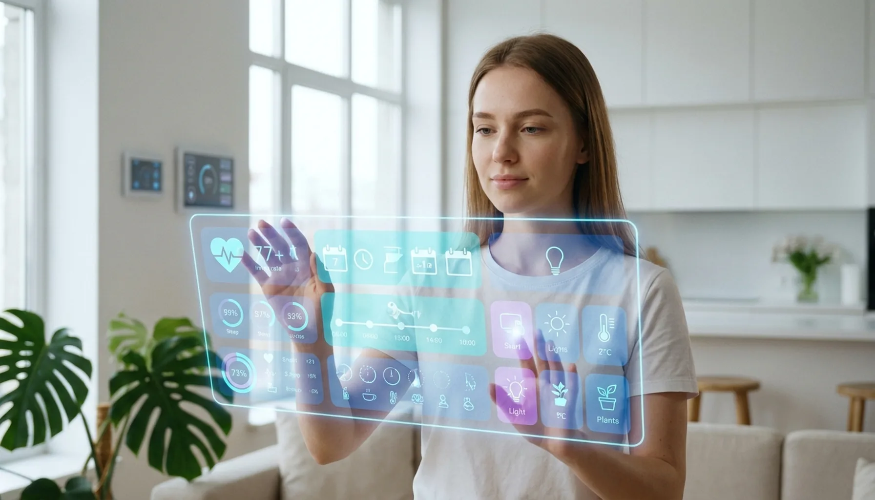 Иллюстрация к статье «Будущее уже здесь: реальные примеры использования AI в повседневной жизни» — Молодая женщина со славянской внешностью в своей квартире …