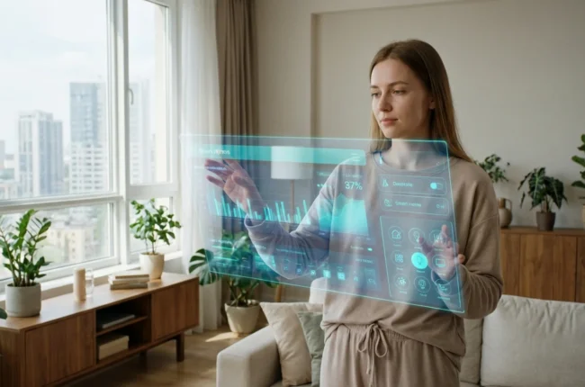 Иллюстрация к статье «Будущее уже здесь: реальные примеры использования искусственного интеллекта в повседневной жизни» — Молодая женщина славянской внешност…