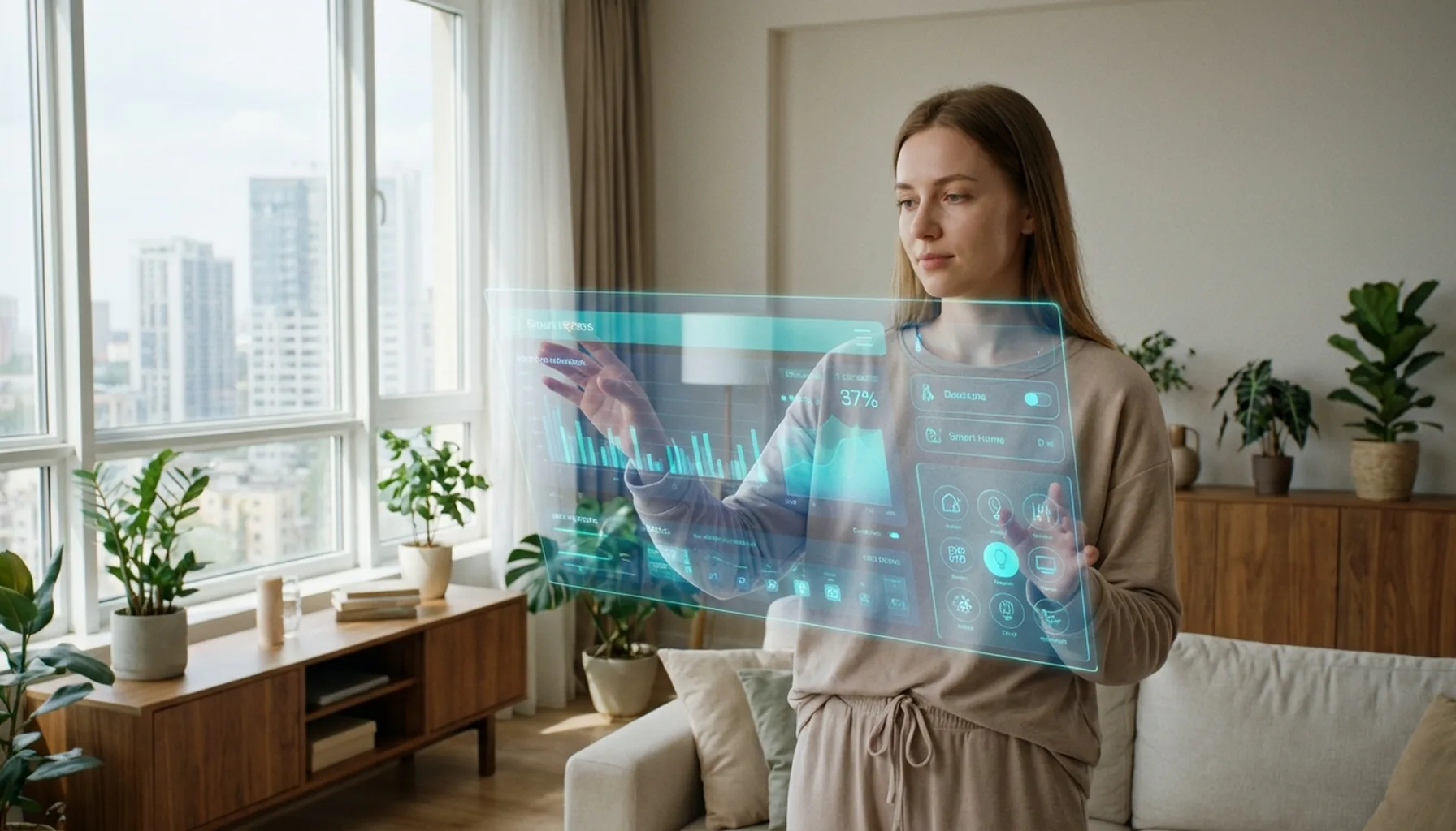 Иллюстрация к статье «Будущее уже здесь: реальные примеры использования искусственного интеллекта в повседневной жизни» — Молодая женщина славянской внешност…