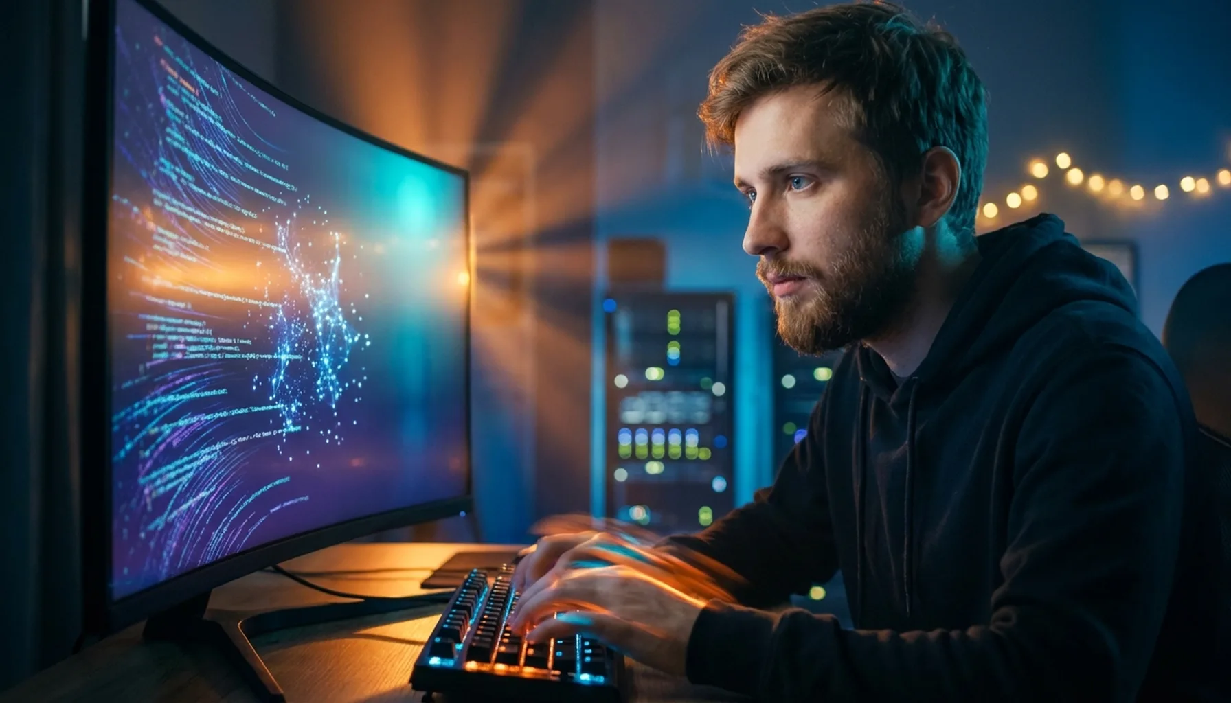 Иллюстрация к статье «Быстрый старт: Команды для настройки Gemini CLI в Ubuntu Linux» — A focused young male developer with Slavic appearance (fair skin, lig…