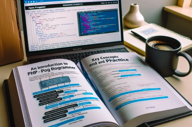 Иллюстрация к статье «Введение в PHP для начинающих программистов: ключевые концепции и практика» — Молодой человек славянской внешности, сидящий за ноутбуко…