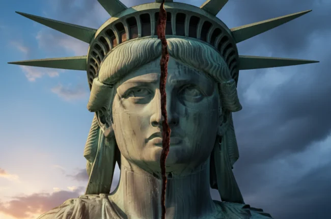 Иллюстрация к статье «Великая снова или расколотая навсегда? Как президентство Трампа изменило лицо Америки» — Лицо Статуи Свободы в очень крупном плане, по …