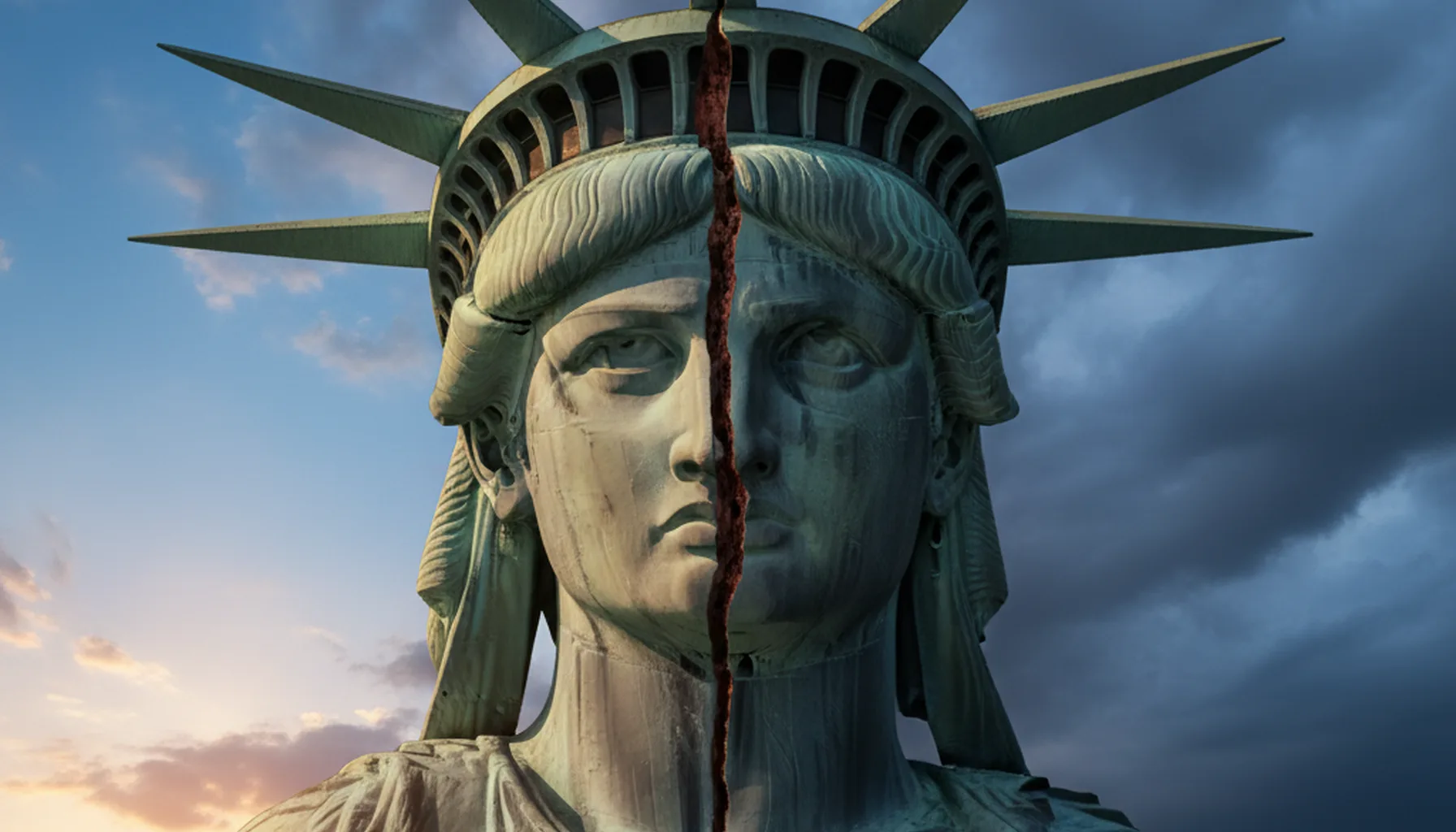 Иллюстрация к статье «Великая снова или расколотая навсегда? Как президентство Трампа изменило лицо Америки» — Лицо Статуи Свободы в очень крупном плане, по …