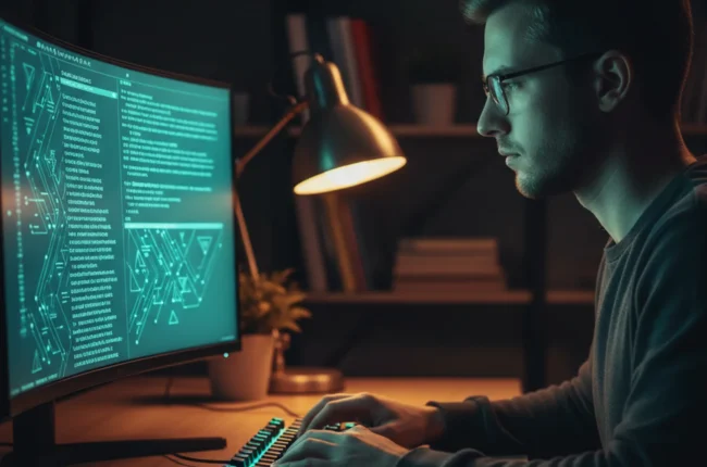 Иллюстрация к статье «Гайд по Kimi CLI: Установка, настройка и запуск через терминал» — A focused young male programmer with Eastern European (Slavic) facial…