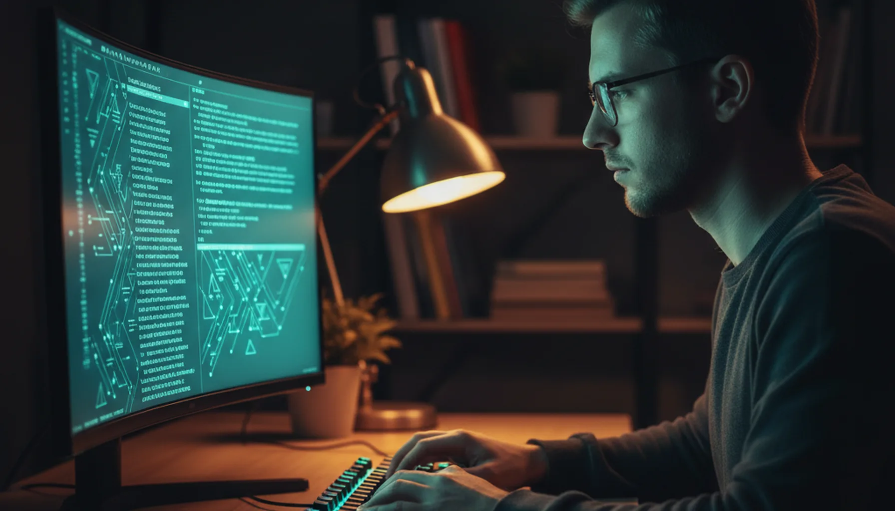 Иллюстрация к статье «Гайд по Kimi CLI: Установка, настройка и запуск через терминал» — A focused young male programmer with Eastern European (Slavic) facial…