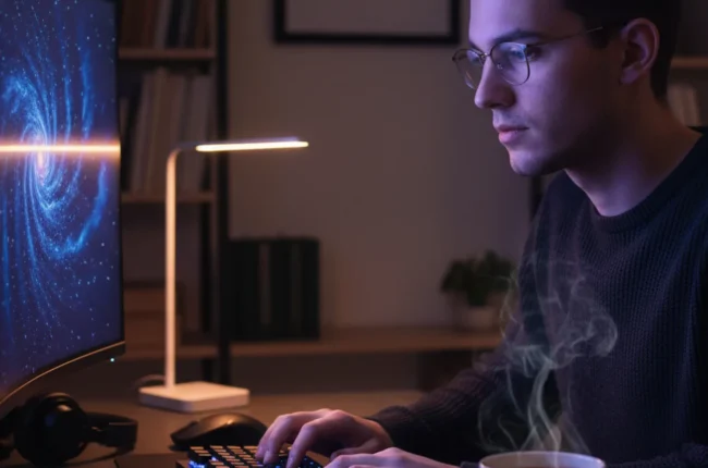 Иллюстрация к статье «Гайд по настройке Gemini CLI: Установка через Homebrew за 5 минут» — A focused young male software developer of Slavic appearance (East…