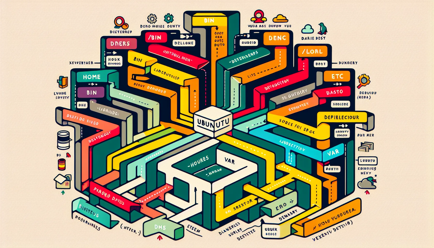 Иллюстрация к статье «Где что лежит в Ubuntu: разбор каталогов и системных папок» — Рабочее место с открытым ноутбуком, на экране которого видна структура ка…