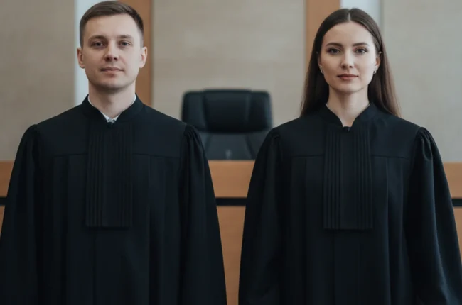 Иллюстрация к статье «Гендерный баланс в суде: кто чаще носит мантию в США и Азии?» — Мужчина и женщина в судейских мантиях. Оба персонажа имеют славянскую (…