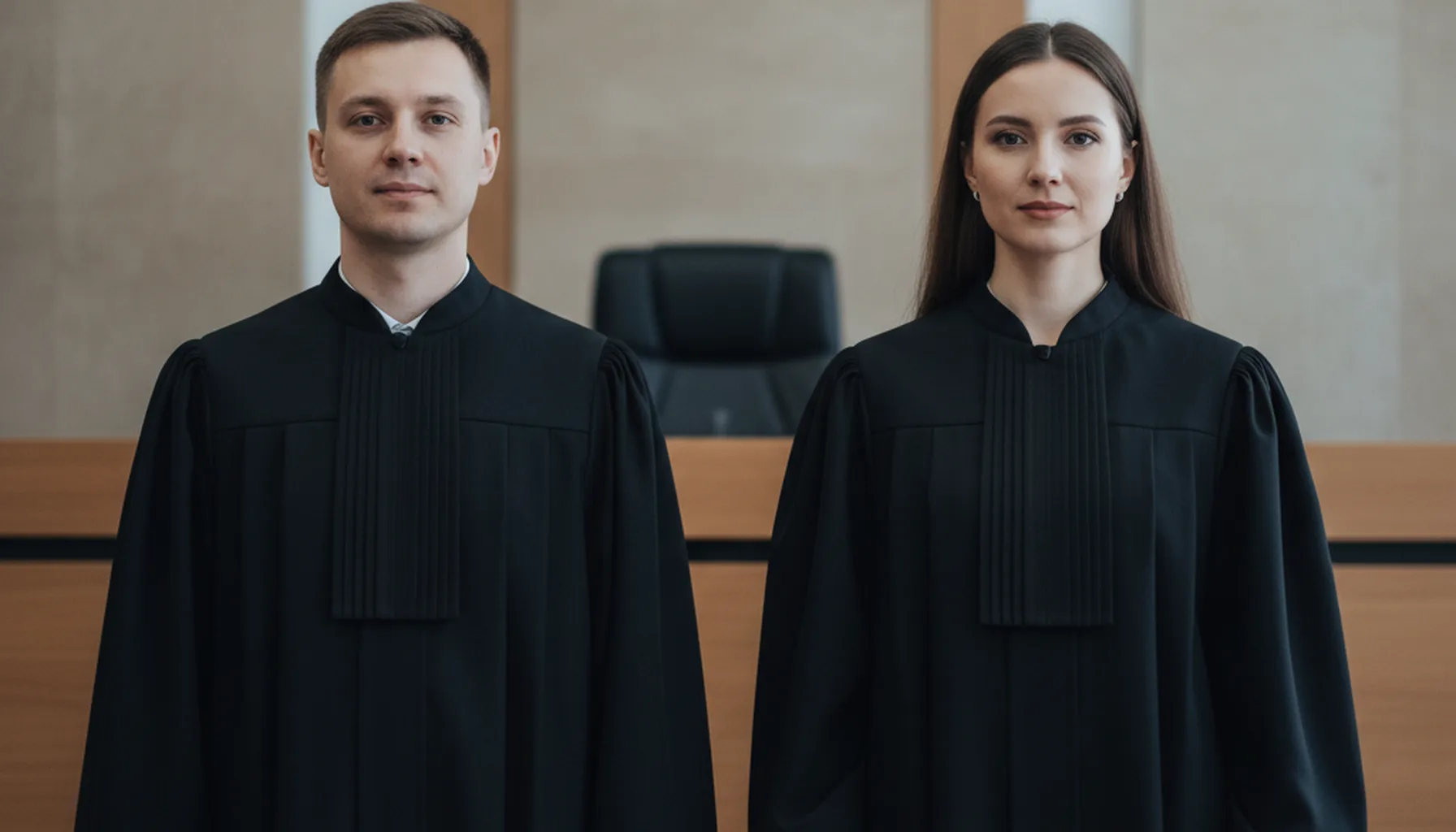 Иллюстрация к статье «Гендерный баланс в суде: кто чаще носит мантию в США и Азии?» — Мужчина и женщина в судейских мантиях. Оба персонажа имеют славянскую (…