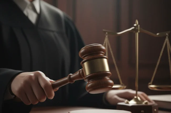 Иллюстрация к статье «Гендерный дисбаланс в суде: кто и почему выносит приговоры в РФ?» — Рука женщины в рукаве судейской мантии, держащая судейский молоток …