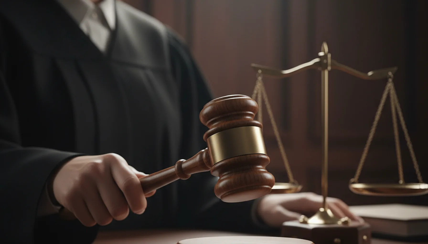 Иллюстрация к статье «Гендерный дисбаланс в суде: кто и почему выносит приговоры в РФ?» — Рука женщины в рукаве судейской мантии, держащая судейский молоток …