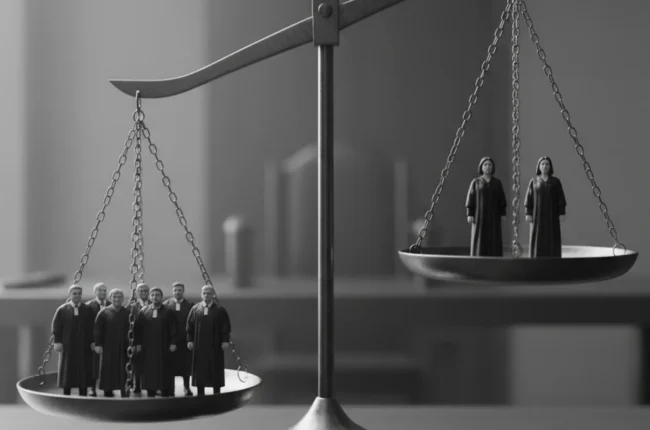 Иллюстрация к статье «Гендерный разрыв в юстиции: статистика и анализ по судьям в США и Азии» — Весы правосудия, на чашах которых стоят маленькие фигуры суде…