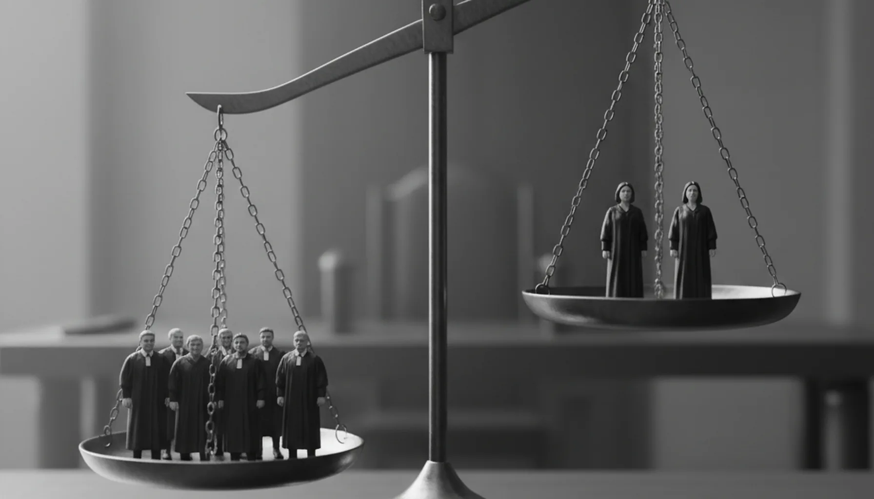 Иллюстрация к статье «Гендерный разрыв в юстиции: статистика и анализ по судьям в США и Азии» — Весы правосудия, на чашах которых стоят маленькие фигуры суде…