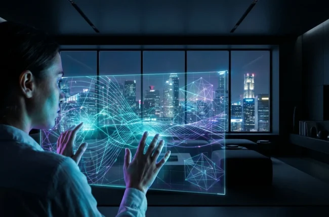 Иллюстрация к статье «Генерация кода с помощью ИИ: Обзор самых мощных инструментов 2025 года» — Программист, мужчина или женщина славянской внешности, взаимо…