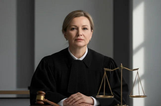 Иллюстрация к статье «Женское лицо правосудия: почему большинство судей в России — женщины?» — Женщина-судья средних лет, славянской внешности, в черной суде…