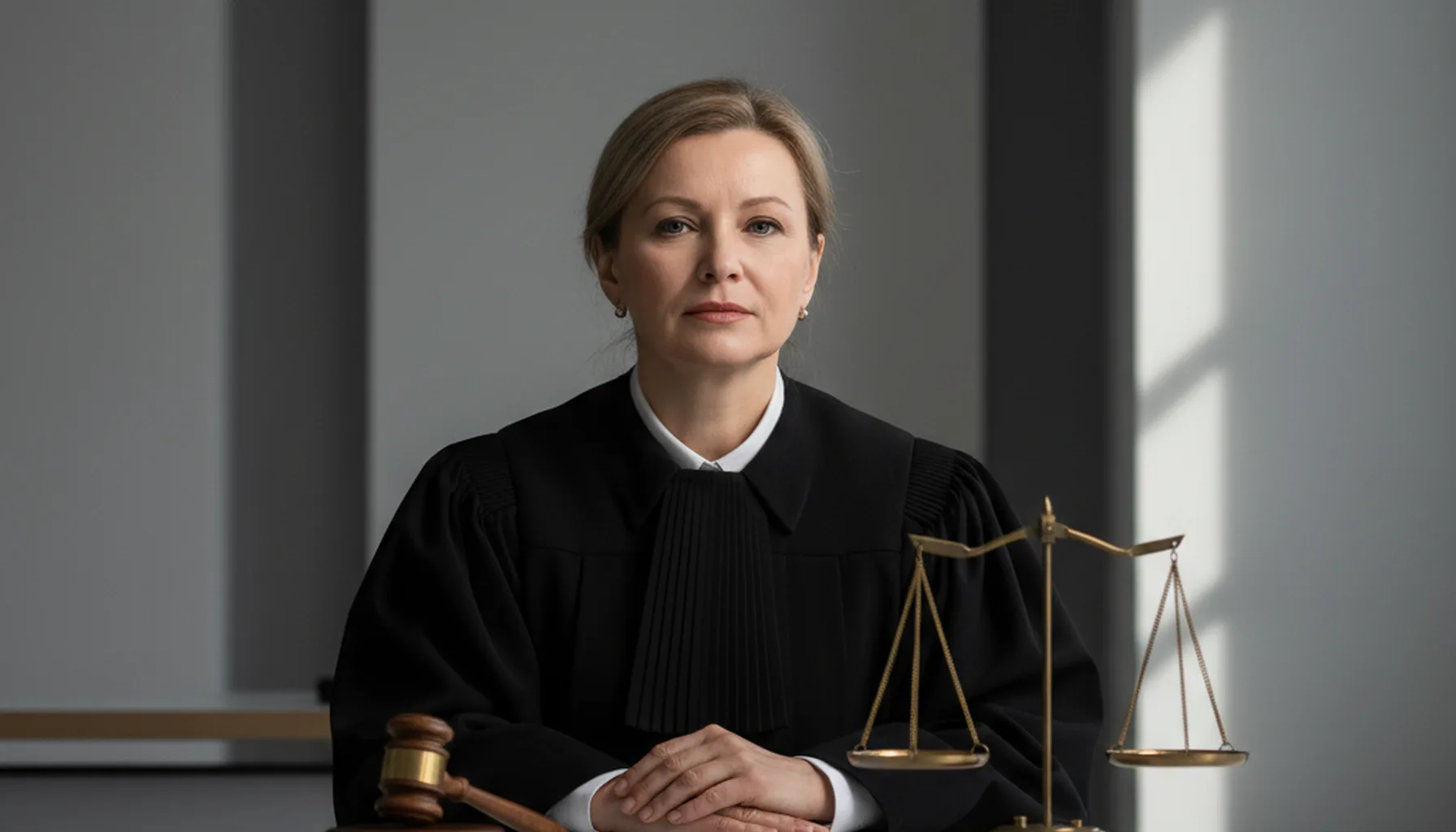 Иллюстрация к статье «Женское лицо правосудия: почему большинство судей в России — женщины?» — Женщина-судья средних лет, славянской внешности, в черной суде…