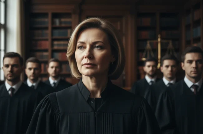 Иллюстрация к статье «Женщины в мантии: гендерный разрыв в судебной системе России и его последствия» — Женщина-судья славянской внешности, 40-45 лет, в черн…