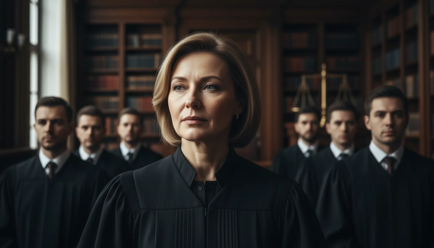 Иллюстрация к статье «Женщины в мантии: гендерный разрыв в судебной системе России и его последствия» — Женщина-судья славянской внешности, 40-45 лет, в черн…