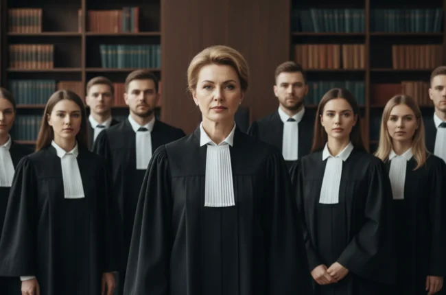 Иллюстрация к статье «Женщины в правосудии: какой пол доминирует среди судей в Америке и азиатских странах?» — Группа судей, мужчин и женщин славянской внешн…