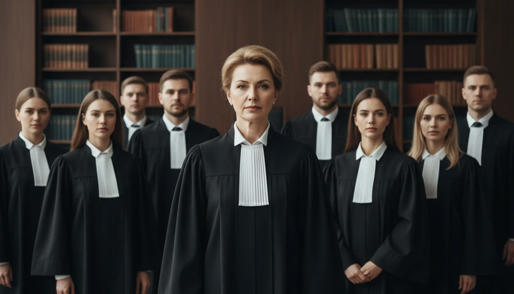 Иллюстрация к статье «Женщины в правосудии: какой пол доминирует среди судей в Америке и азиатских странах?» — Группа судей, мужчин и женщин славянской внешн…