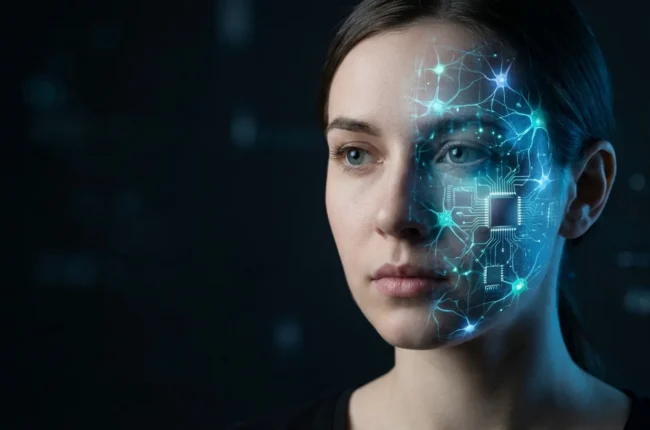 Иллюстрация к статье «За гранью кода: когда имитация интеллекта станет настоящим разумом?» — Крупный план лица молодой женщины со славянской внешностью. Одна…