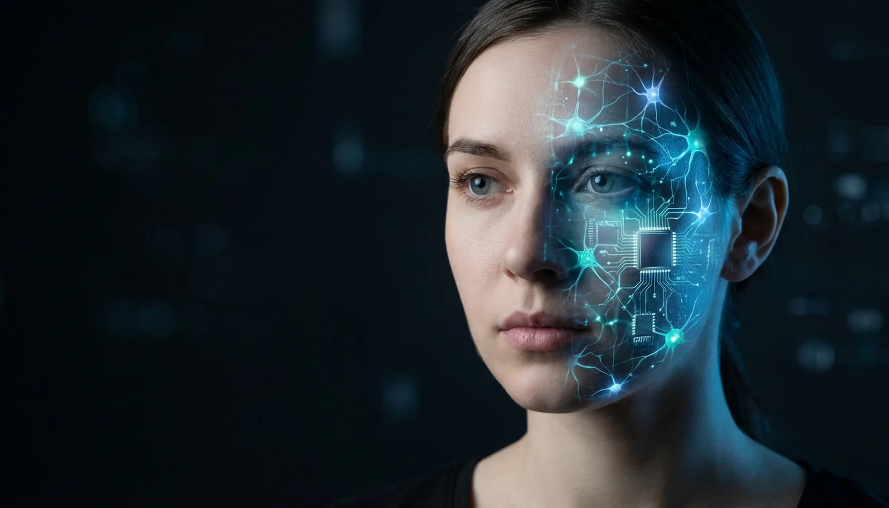 Иллюстрация к статье «За гранью кода: когда имитация интеллекта станет настоящим разумом?» — Крупный план лица молодой женщины со славянской внешностью. Одна…