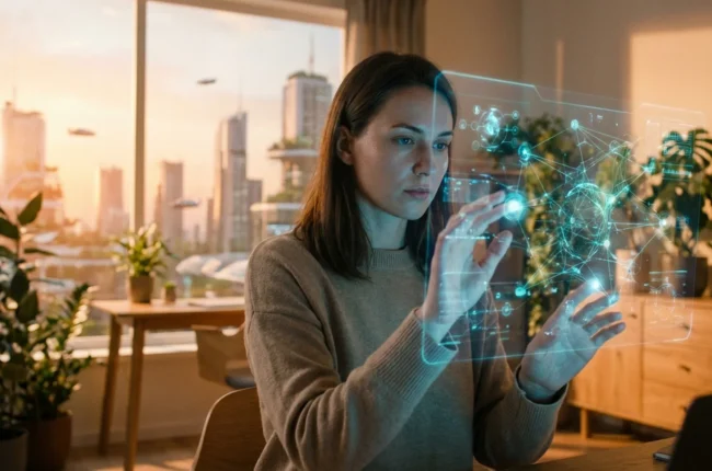 Иллюстрация к статье «За гранью фантастики: Каким будет искусственный интеллект в 2030 году и к чему готовиться?» — Женщина славянской внешности, 25-30 лет, …