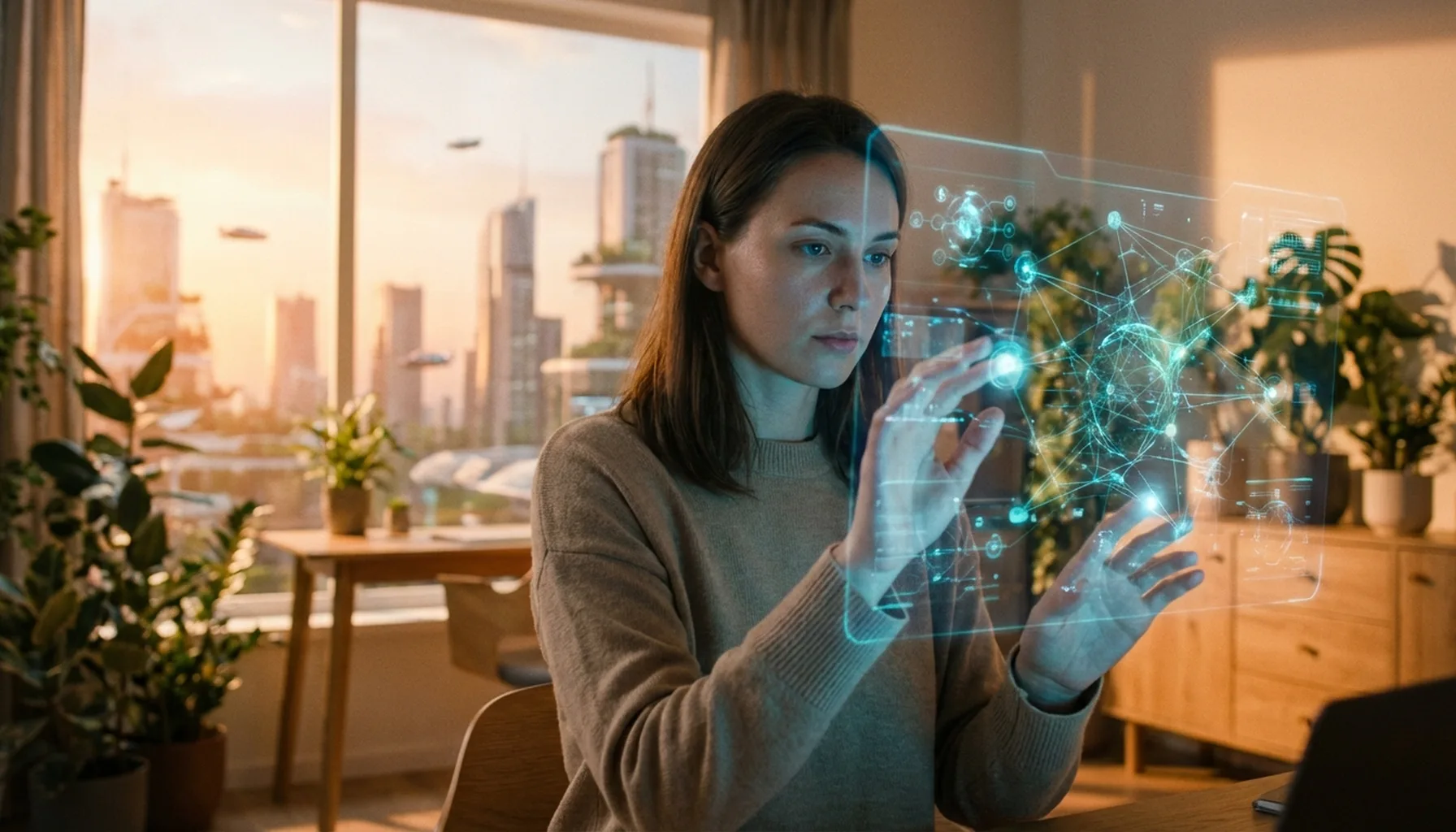 Иллюстрация к статье «За гранью фантастики: Каким будет искусственный интеллект в 2030 году и к чему готовиться?» — Женщина славянской внешности, 25-30 лет, …