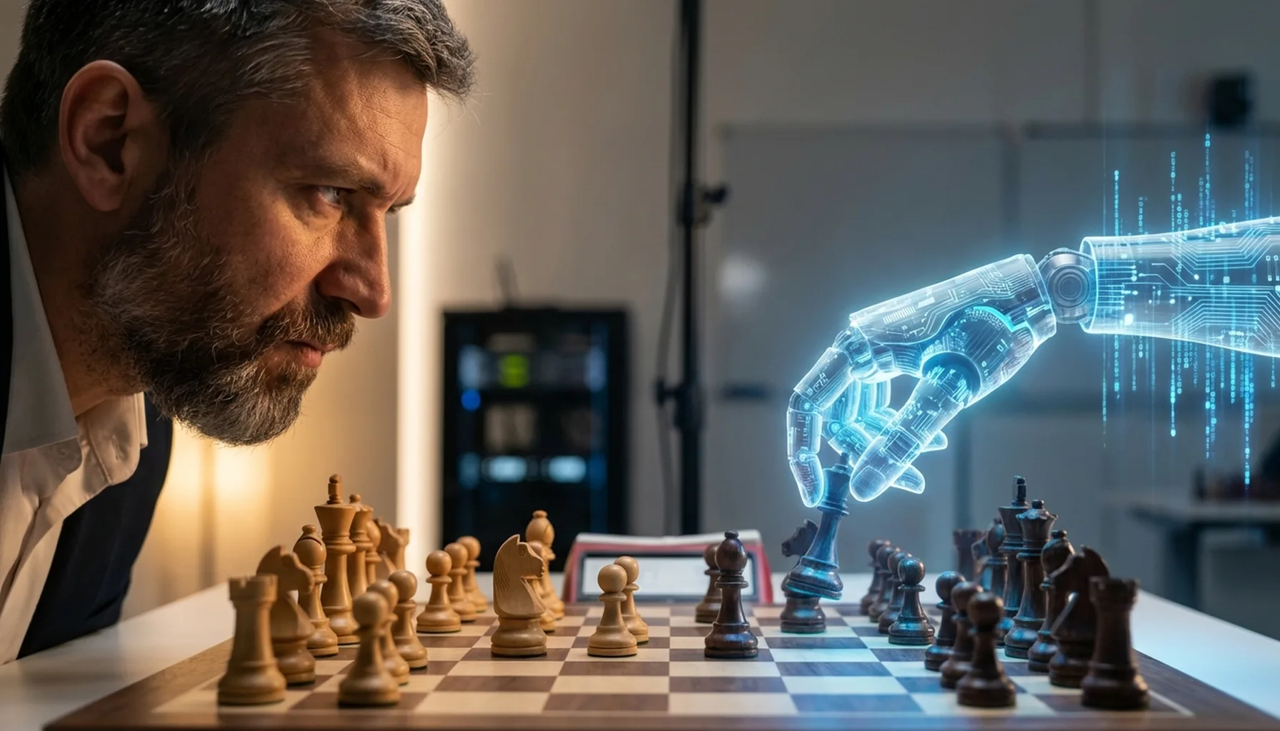 Иллюстрация к статье «ИИ против Человека в Шахматах: От Deep Blue до AlphaZero — Эволюция Противостояния» — Славянский мужчина-гроссмейстер, сосредоточенно о…