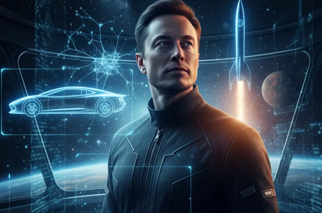 Иллюстрация к статье «Илон Маск: биография гения, который изменил мир от PayPal до SpaceX» — Мужчина-визионер славянской внешности, инженер или изобретатель,…