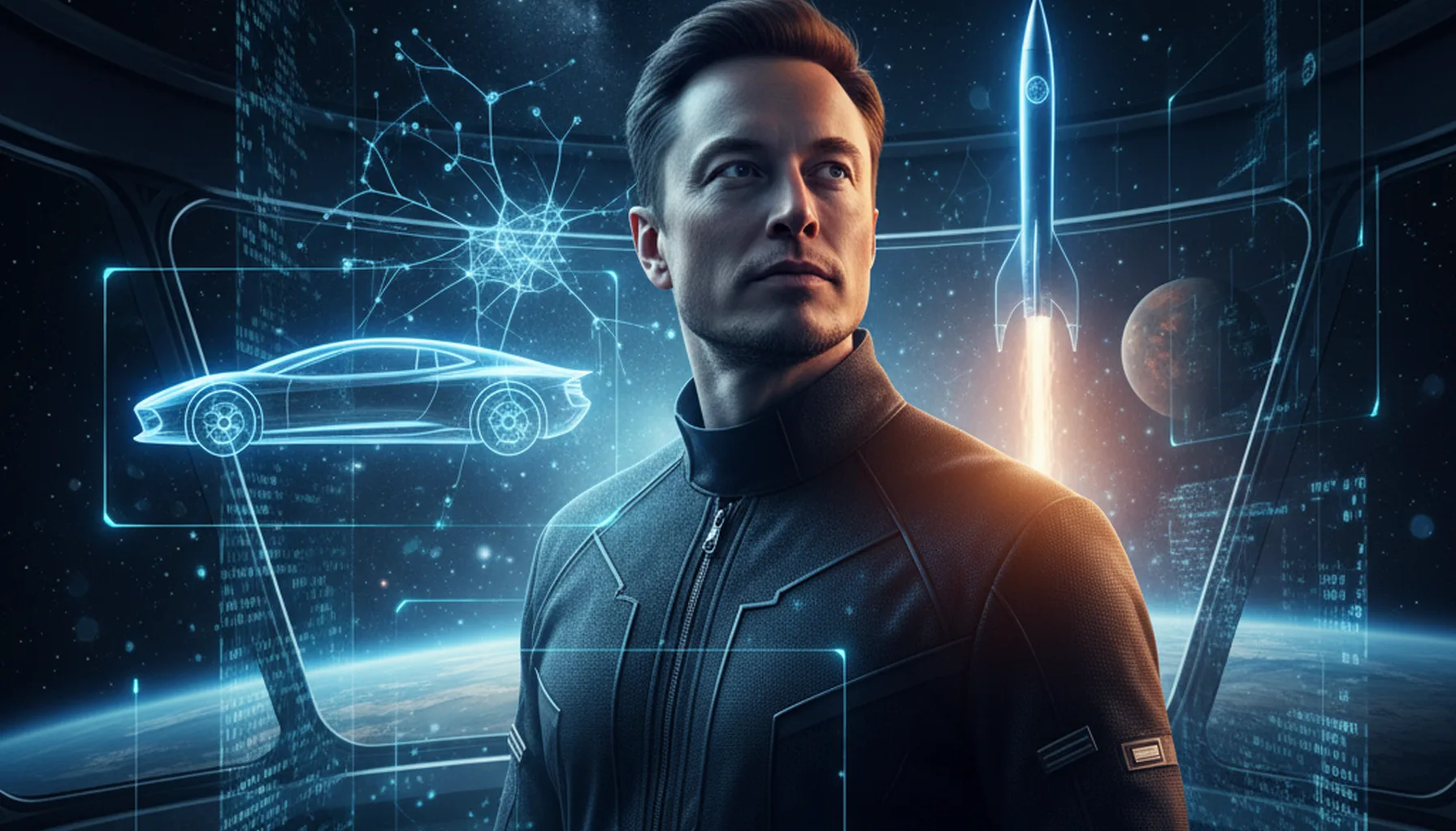 Иллюстрация к статье «Илон Маск: биография гения, который изменил мир от PayPal до SpaceX» — Мужчина-визионер славянской внешности, инженер или изобретатель,…