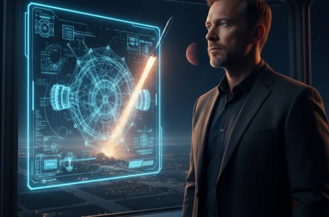 Иллюстрация к статье «Илон Маск: гений, визионер или авантюрист? Разбираем феномен XXI века» — Мужчина 40-45 лет, с задумчивым и решительным выражением лица,…