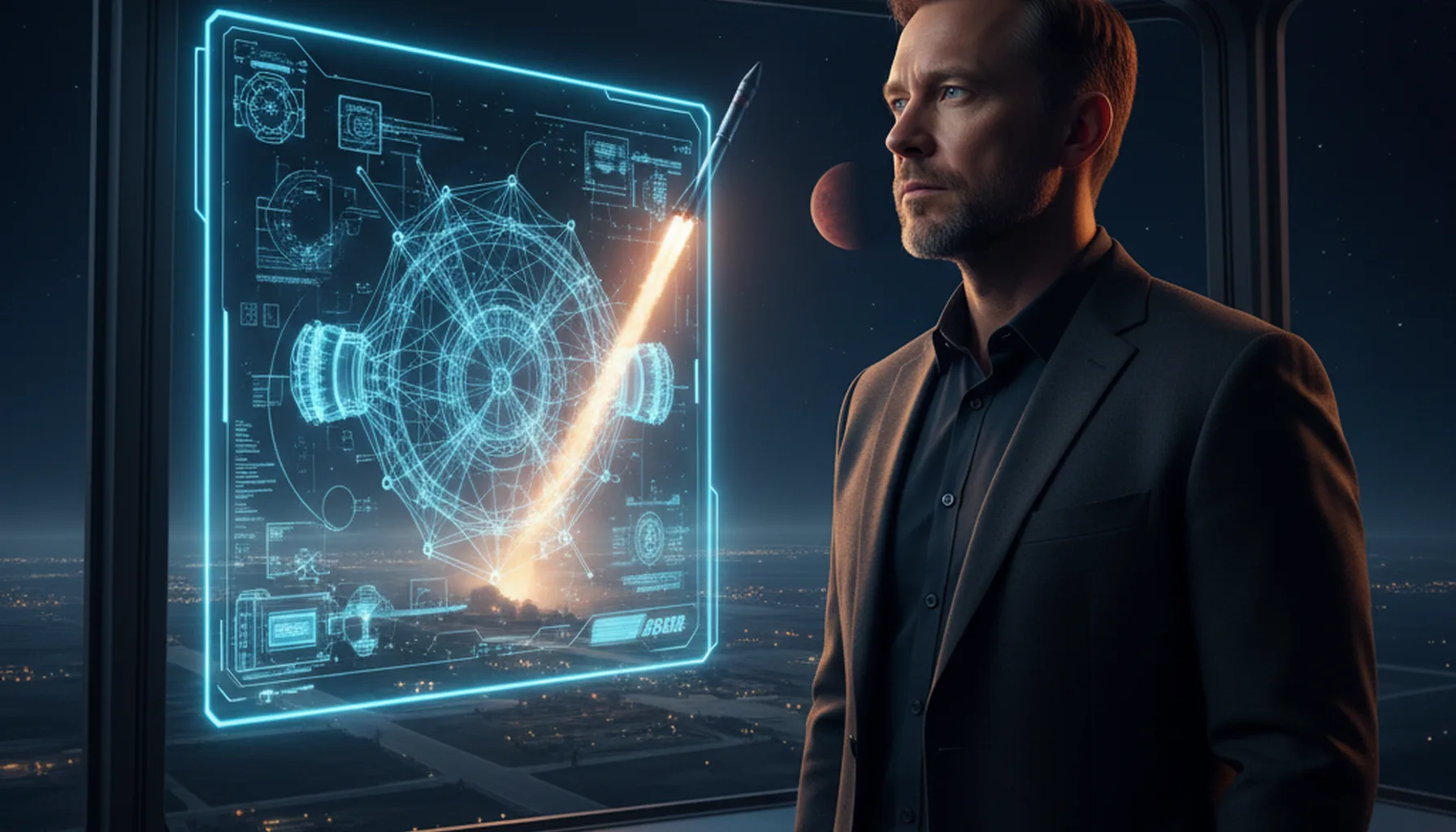 Иллюстрация к статье «Илон Маск: гений, визионер или авантюрист? Разбираем феномен XXI века» — Мужчина 40-45 лет, с задумчивым и решительным выражением лица,…