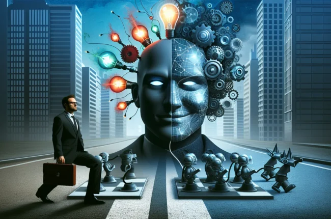 Иллюстрация к статье «Илон Маск: гений инноваций или современный злодей?» — мужчина восточно-европейской внешности в деловом костюме, стоящий на фоне футурис…