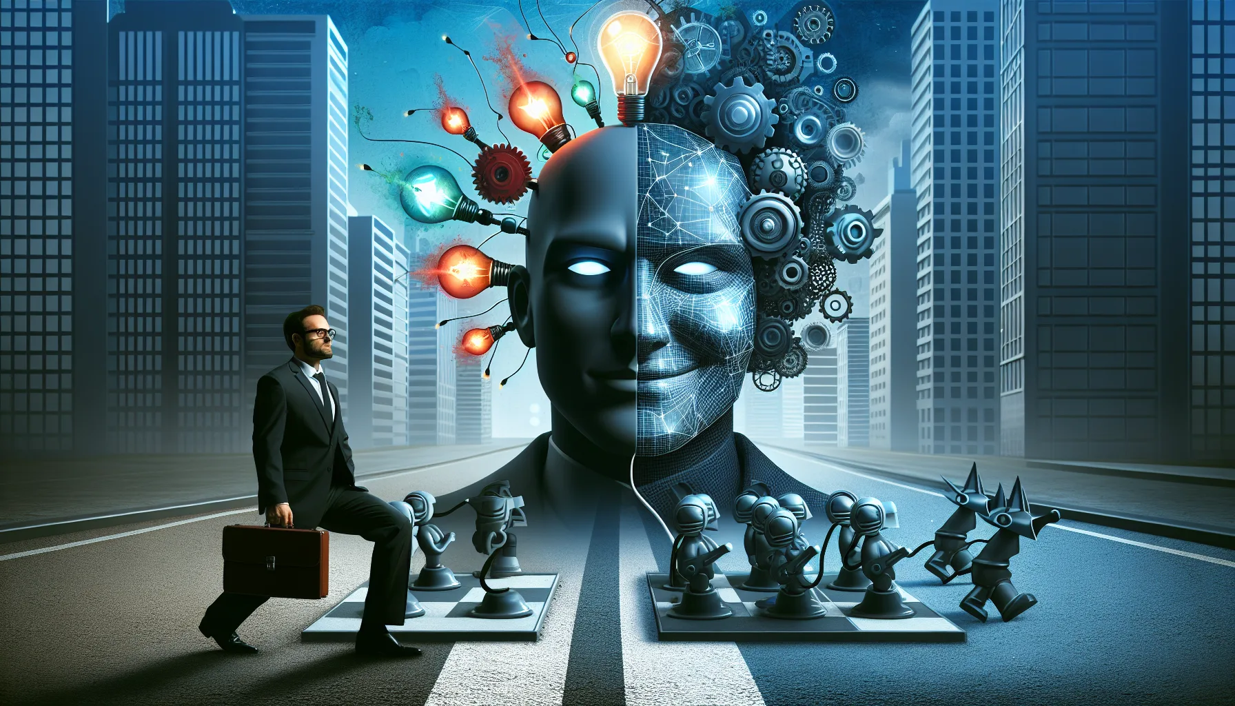 Иллюстрация к статье «Илон Маск: гений инноваций или современный злодей?» — мужчина восточно-европейской внешности в деловом костюме, стоящий на фоне футурис…