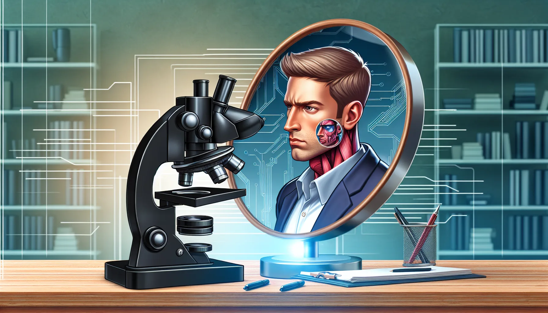 Иллюстрация к статье «Илон Маск под микроскопом: герой технологической эпохи или её антагонист?» — мужчина славянской внешности, символизирующий Илона Маска,…