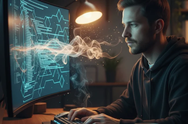 Иллюстрация к статье «Интеграция AI в консоль: Устанавливаем Gemini CLI через Homebrew по шагам» — A focused software developer with Slavic appearance (Easte…