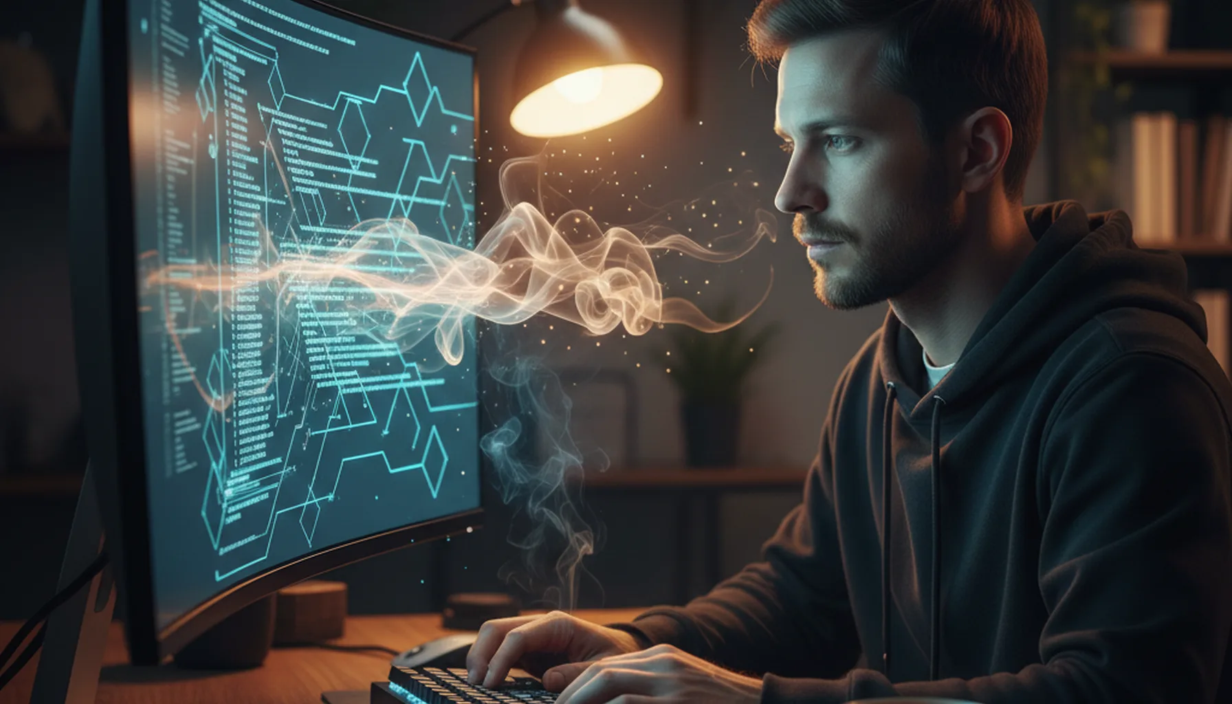 Иллюстрация к статье «Интеграция AI в консоль: Устанавливаем Gemini CLI через Homebrew по шагам» — A focused software developer with Slavic appearance (Easte…